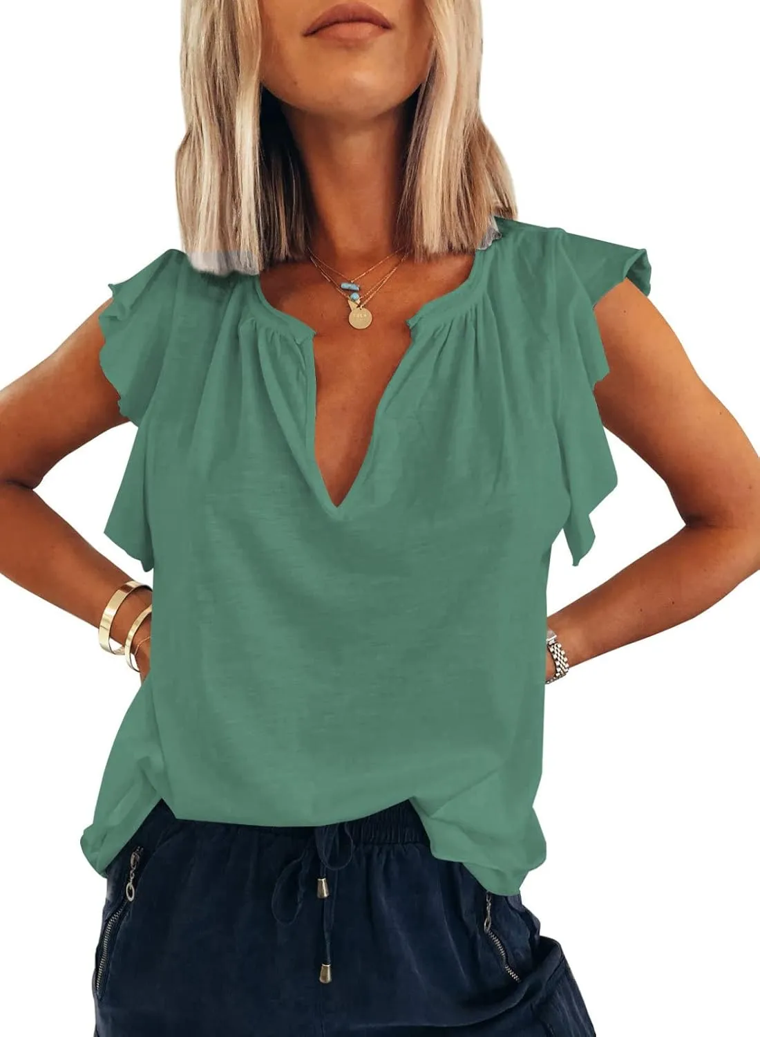 Dokotoo Women's Casual V Neck Ruffle Sleeve Summer Tank Tops Shirts