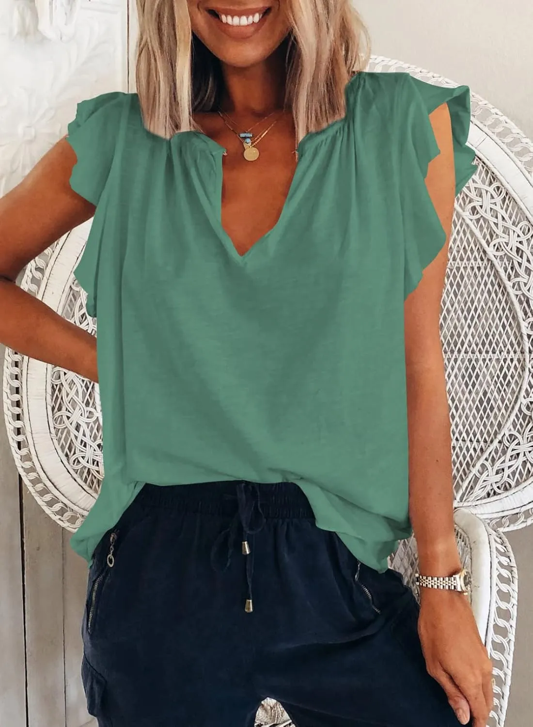 Dokotoo Women's Casual V Neck Ruffle Sleeve Summer Tank Tops Shirts