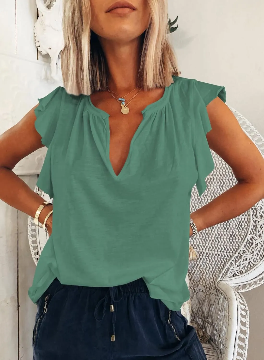 Dokotoo Women's Casual V Neck Ruffle Sleeve Summer Tank Tops Shirts