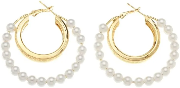 Double Circle Medium Hoop Earrings for Women and Teens Dainty Beaded Pearl Gold Plated Drop Dangle Large Huggie Hoops Party Birthday Jewelry Gifts 50mm