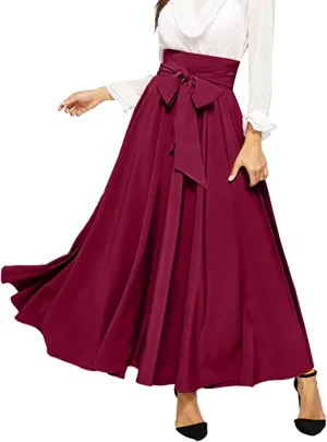 Dressy Skirts for Women Flowy Ruffle Swing High Waisted Bow Front Pleated Maxi Skirts Fall Business Work Suit Dresses