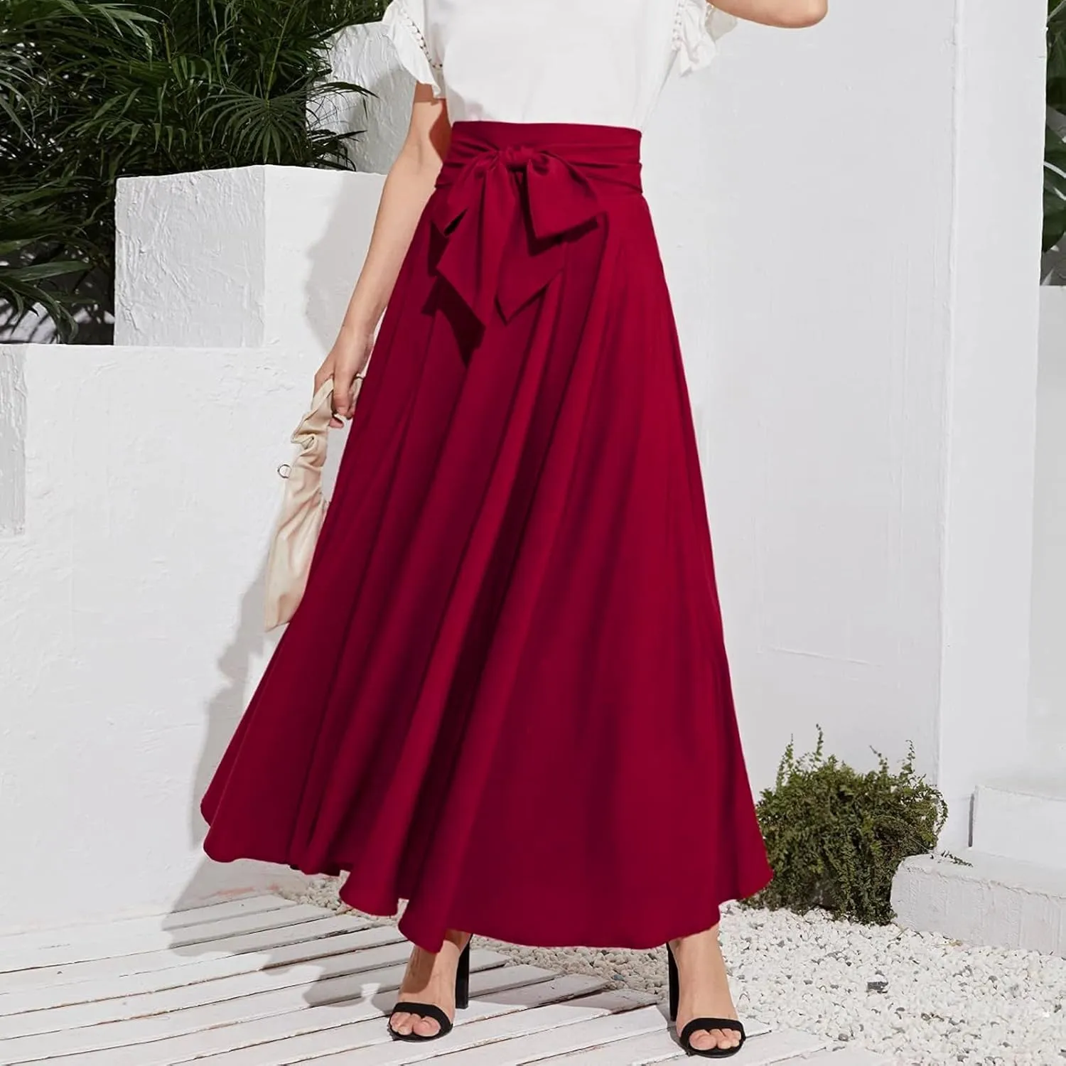 Dressy Skirts for Women Flowy Ruffle Swing High Waisted Bow Front Pleated Maxi Skirts Fall Business Work Suit Dresses