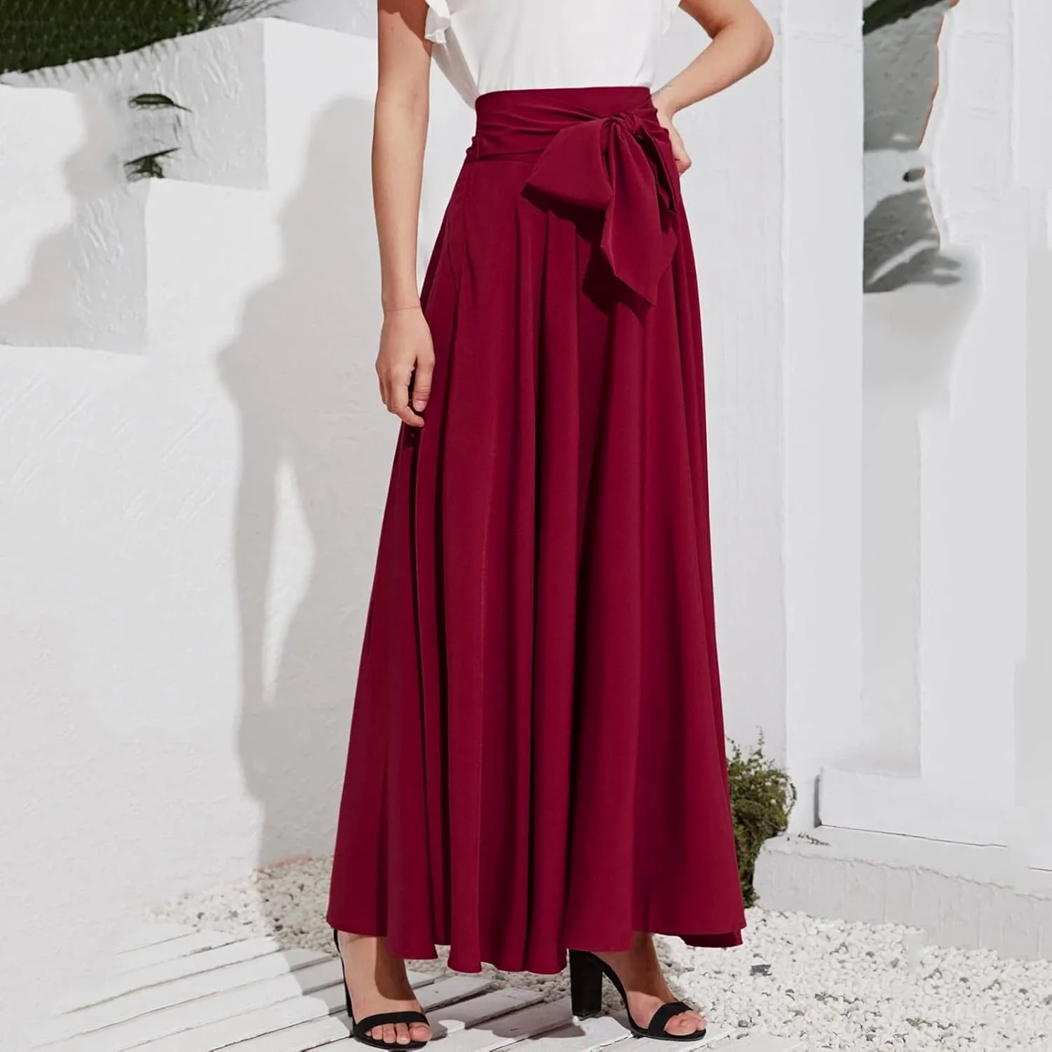 Dressy Skirts for Women Flowy Ruffle Swing High Waisted Bow Front Pleated Maxi Skirts Fall Business Work Suit Dresses