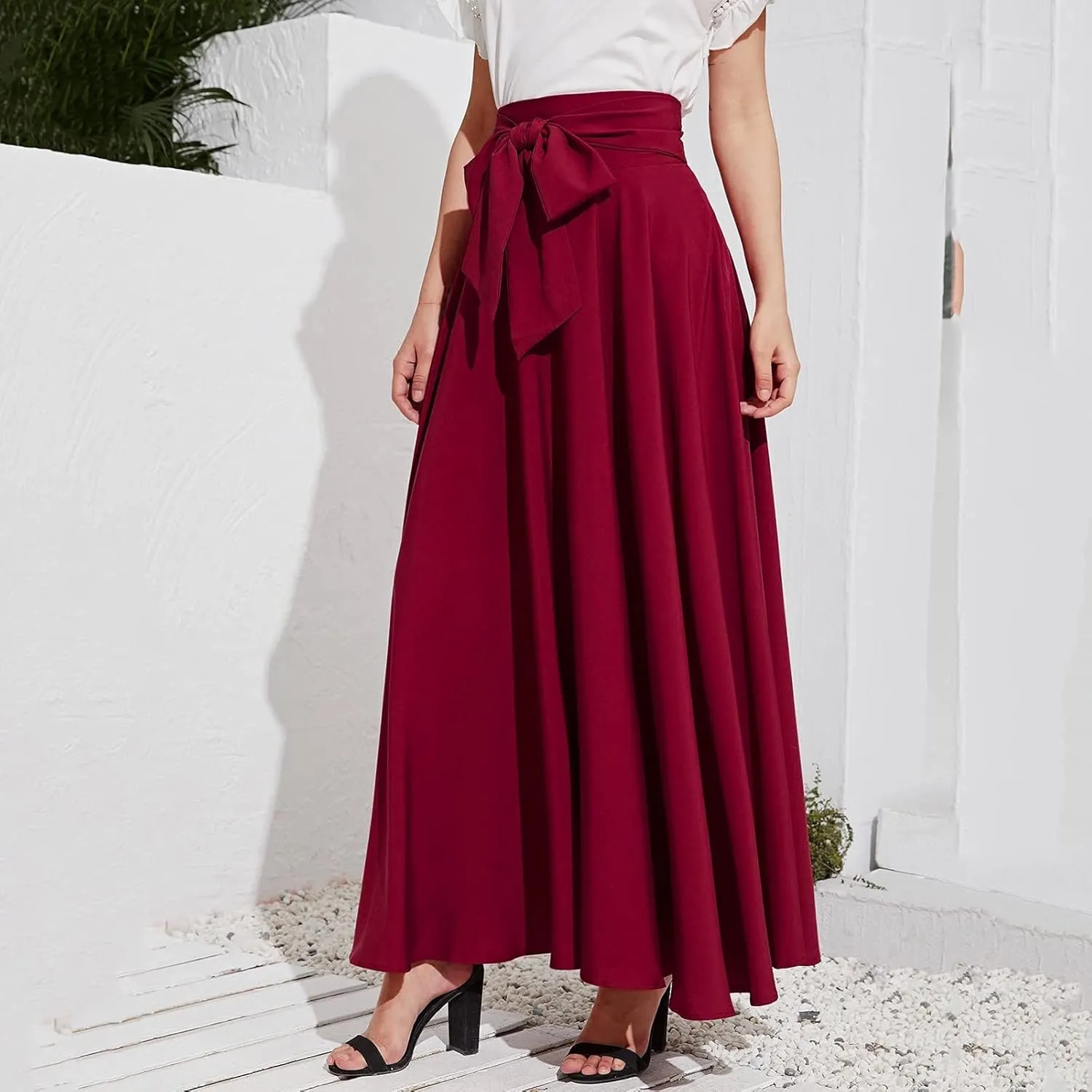 Dressy Skirts for Women Flowy Ruffle Swing High Waisted Bow Front Pleated Maxi Skirts Fall Business Work Suit Dresses