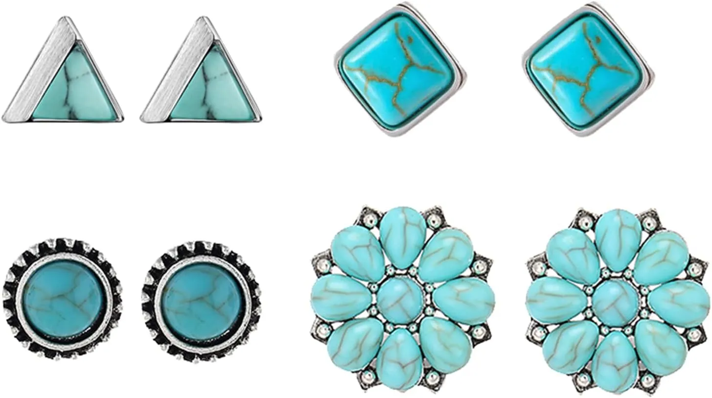 Dreuyet Turquoise Stud Earrings Set for Women Handmade Gemstone Oval Round Flower Cut Shape Square Studs Earrings Boho Turquoise Earrings Trendy Jewelry