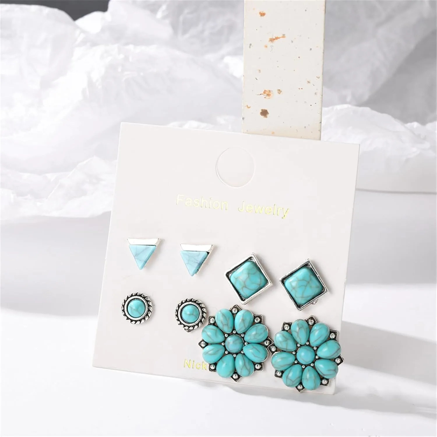 Dreuyet Turquoise Stud Earrings Set for Women Handmade Gemstone Oval Round Flower Cut Shape Square Studs Earrings Boho Turquoise Earrings Trendy Jewelry