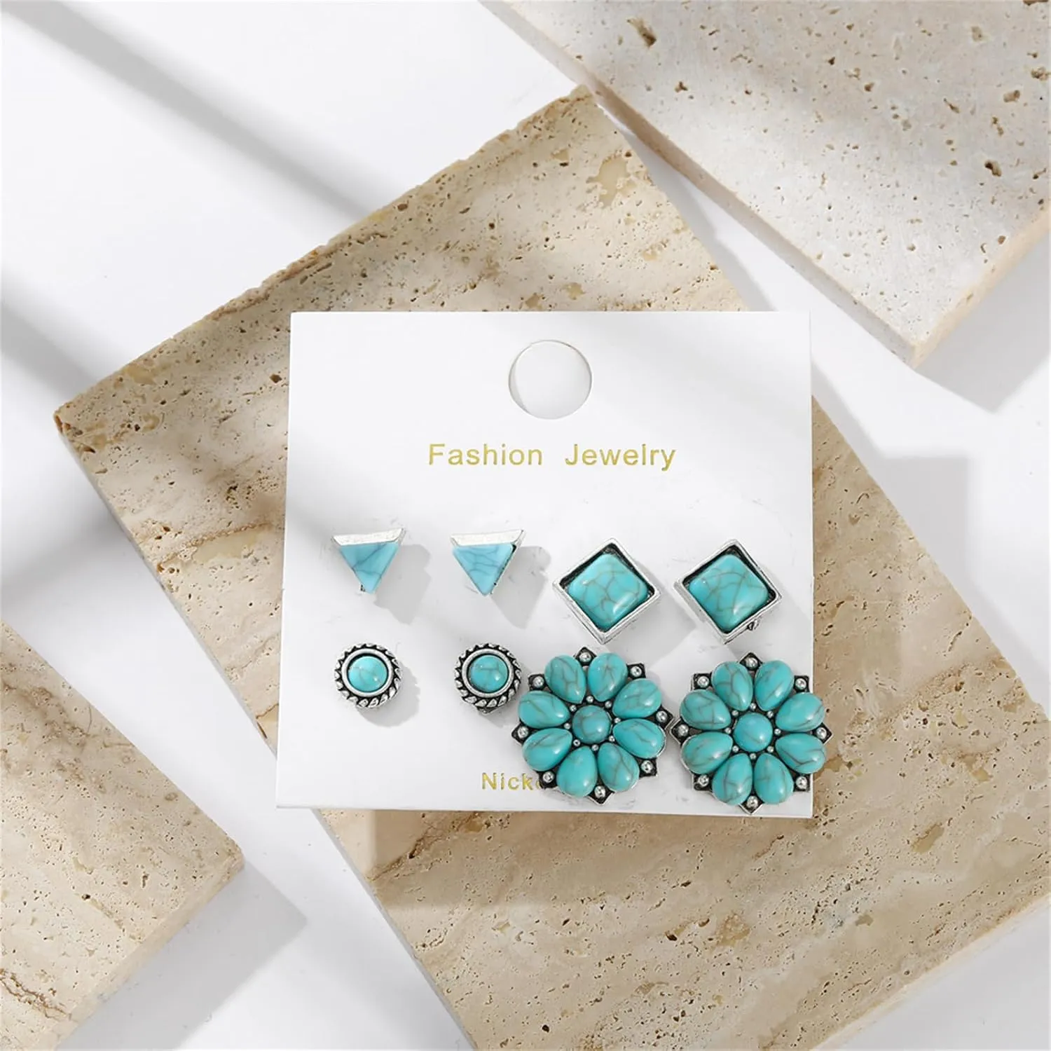 Dreuyet Turquoise Stud Earrings Set for Women Handmade Gemstone Oval Round Flower Cut Shape Square Studs Earrings Boho Turquoise Earrings Trendy Jewelry