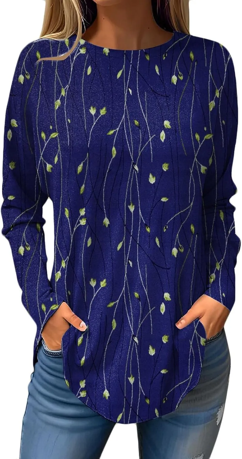 DuDubaby Country Concert Outfits for Women Round Neck Pullover Fashion Floral Print Long Sleeve Tee Soft Workout Sweatshirt