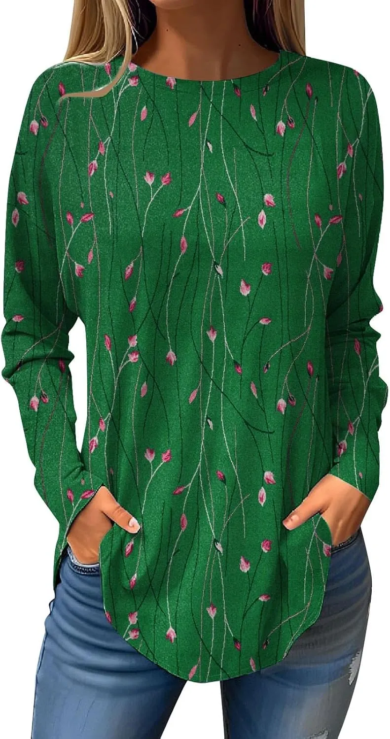 DuDubaby Sweatshirt for Women Long Sleeve Pullover Trending Retro Floral Print Round Neck Shirts Loose Fit Workout Tee