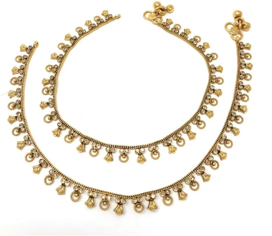 Duel On Jewel Indian Payal Bell Anklet Set for Women with Circular Hanging Charms, Dainty Chain Design, Cubic Zircon, Comfort Fit, Gold Plated, 10.38-Inch, Ideal for Everyday Wear, Party, Beach, Gift