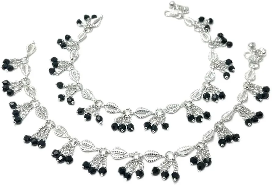 Duel On Jewel Silver-Plated Women's Bell Anklet Pair  Elegant Leaf-Link Design with Dangling Black Bead Charm Clusters, 9.5-Inch Comfort Fit  Ideal for Bridal, Dance, Parties, Gifts & Everyday Wear