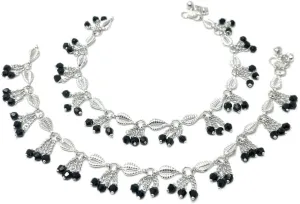 Duel On Jewel Silver-Plated Women's Bell Anklet Pair  Elegant Leaf-Link Design with Dangling Black Bead Charm Clusters, 9.5-Inch Comfort Fit  Ideal for Bridal, Dance, Parties, Gifts & Everyday Wear
