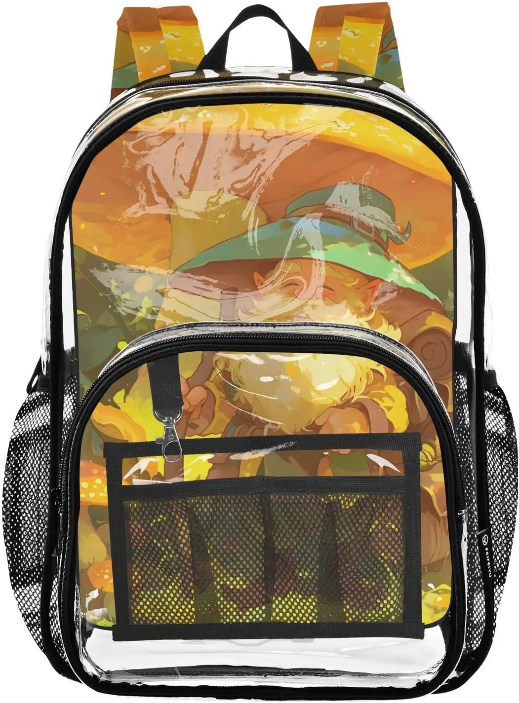 Dwarf under Mushroom Clear Plastic Backpack - Transparent PVC Heavy Duty Bag with Large Main Pocket and Mesh Pockets - Ideal for School, Travel, Outings - Clear Backpack for Everyday Use