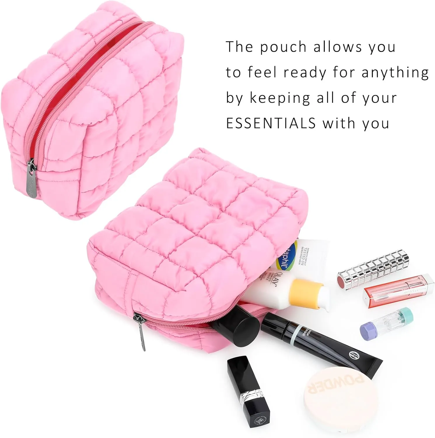 E-Tree Cute Makeup Bag,Quilted Cosmetic Bag for Women,Make up Pouch for Purse,Toiletry Zipper Pouch,Checkered Bag,Travel Case,Storage Pouches for Organization (Pink)