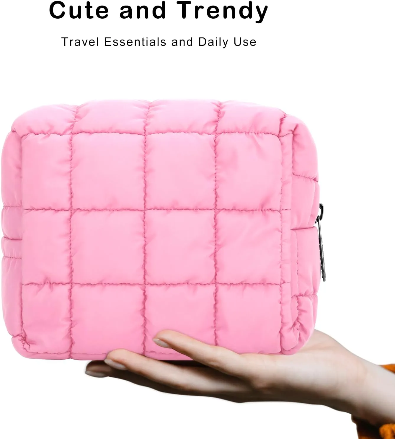 E-Tree Cute Makeup Bag,Quilted Cosmetic Bag for Women,Make up Pouch for Purse,Toiletry Zipper Pouch,Checkered Bag,Travel Case,Storage Pouches for Organization (Pink)
