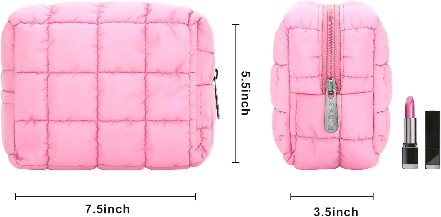 E-Tree Cute Makeup Bag,Quilted Cosmetic Bag for Women,Make up Pouch for Purse,Toiletry Zipper Pouch,Checkered Bag,Travel Case,Storage Pouches for Organization (Pink)