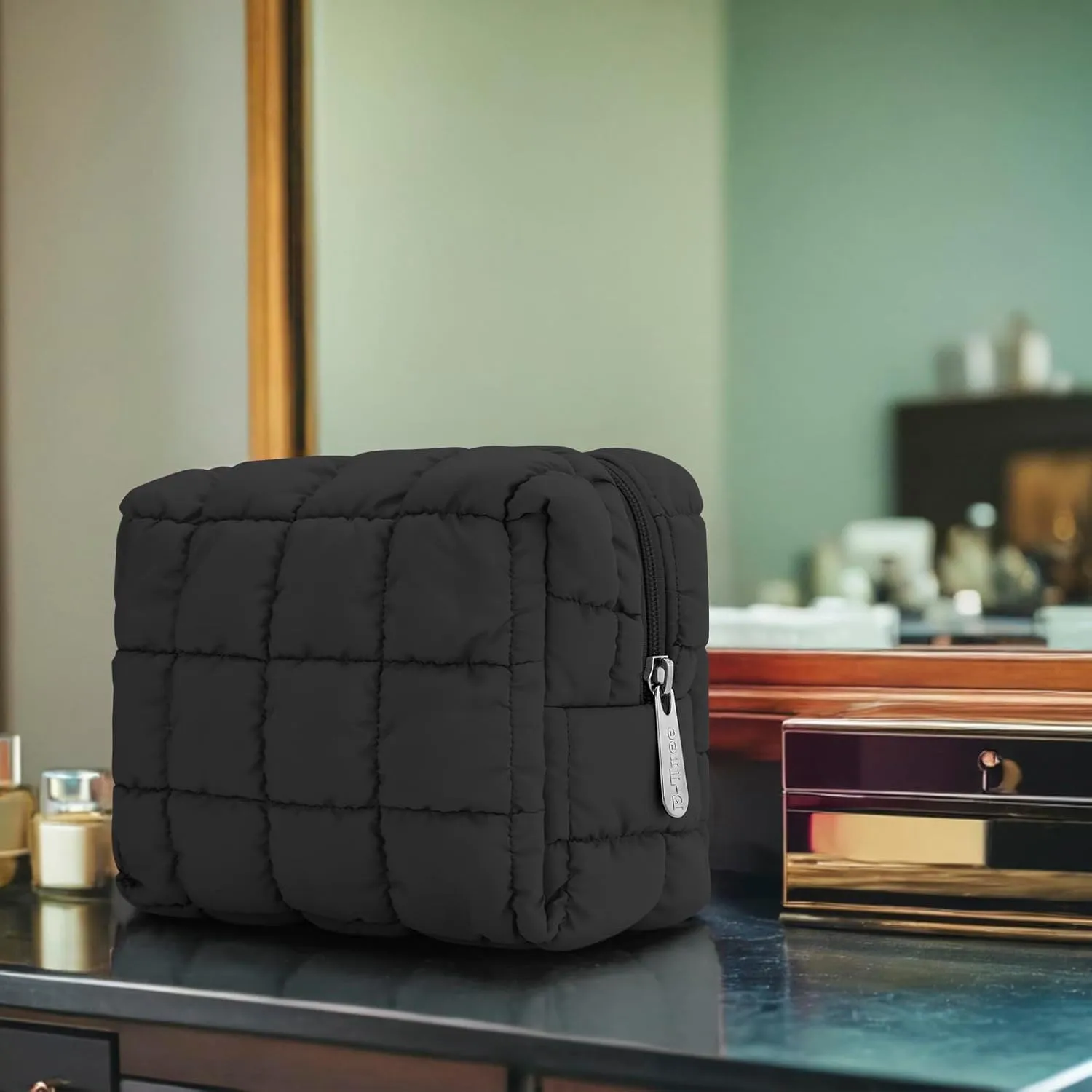 E-Tree Cute Makeup Bag,Quilted Cosmetic Bag,Make up Pouch for Purse,Toiletry Zipper Pouch,Checkered Bag,Travel Case,Storage Pouches for Organization (Black)