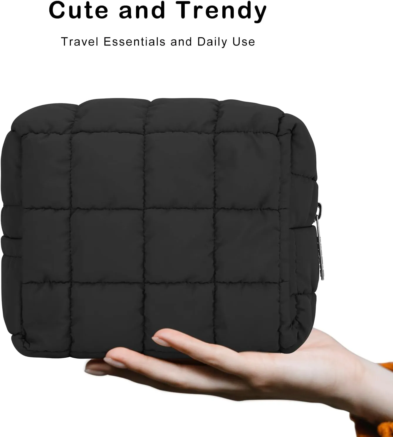 E-Tree Cute Makeup Bag,Quilted Cosmetic Bag,Make up Pouch for Purse,Toiletry Zipper Pouch,Checkered Bag,Travel Case,Storage Pouches for Organization (Black)