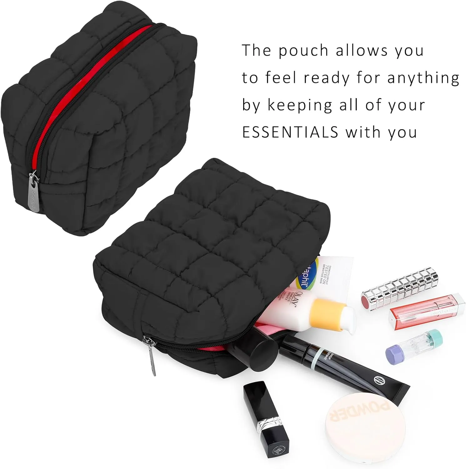 E-Tree Cute Makeup Bag,Quilted Cosmetic Bag,Make up Pouch for Purse,Toiletry Zipper Pouch,Checkered Bag,Travel Case,Storage Pouches for Organization (Black)