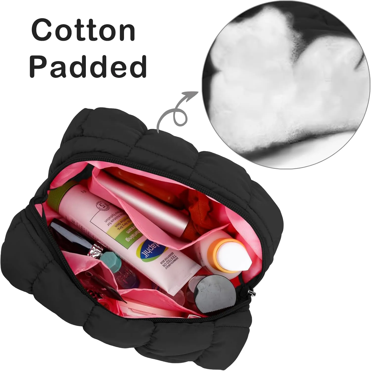 E-Tree Cute Makeup Bag,Quilted Cosmetic Bag,Make up Pouch for Purse,Toiletry Zipper Pouch,Checkered Bag,Travel Case,Storage Pouches for Organization (Black)