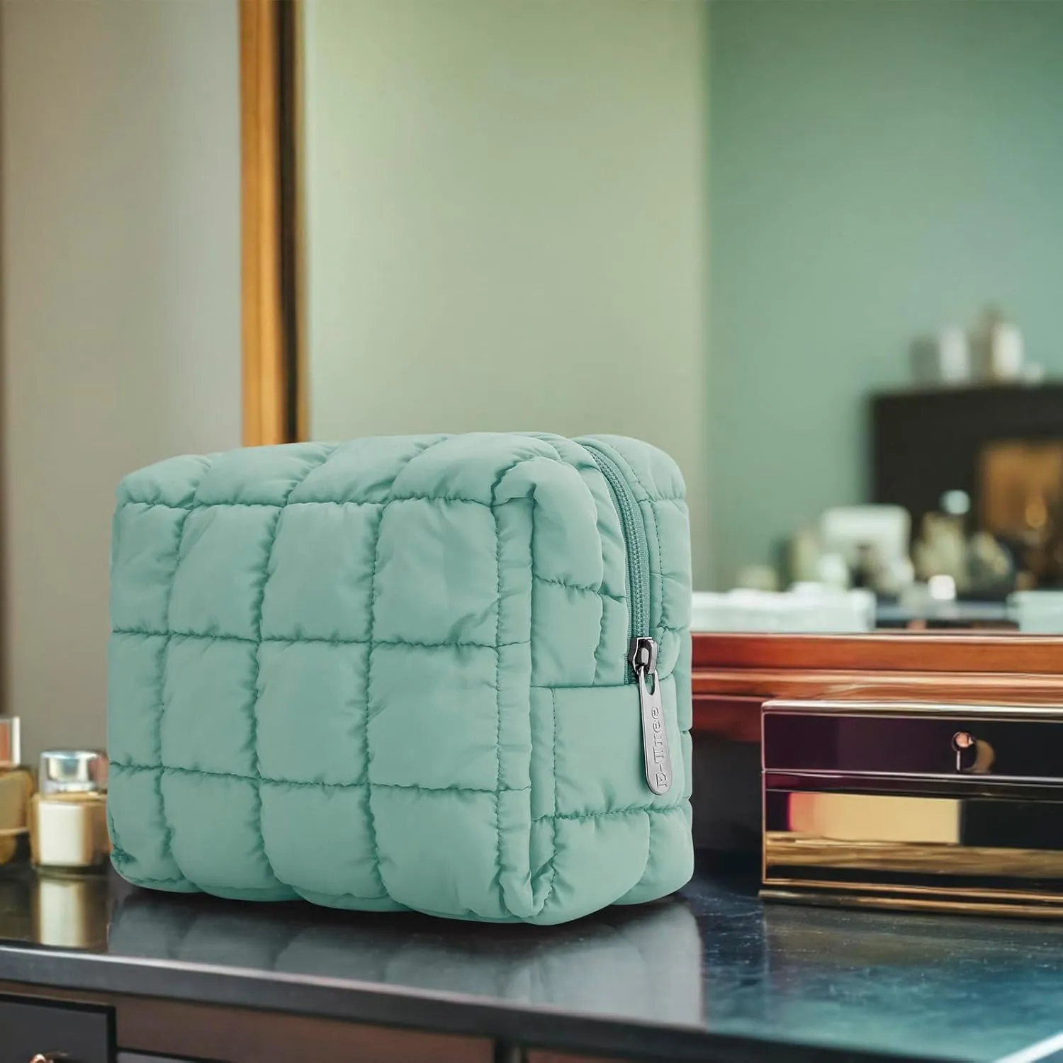 E-Tree Cute Makeup Bag,Quilted Cosmetic Bag,Make up Pouch for Purse,Toiletry Zipper Pouch,Checkered Bag,Travel Case,Storage Pouches for Organization (Green)