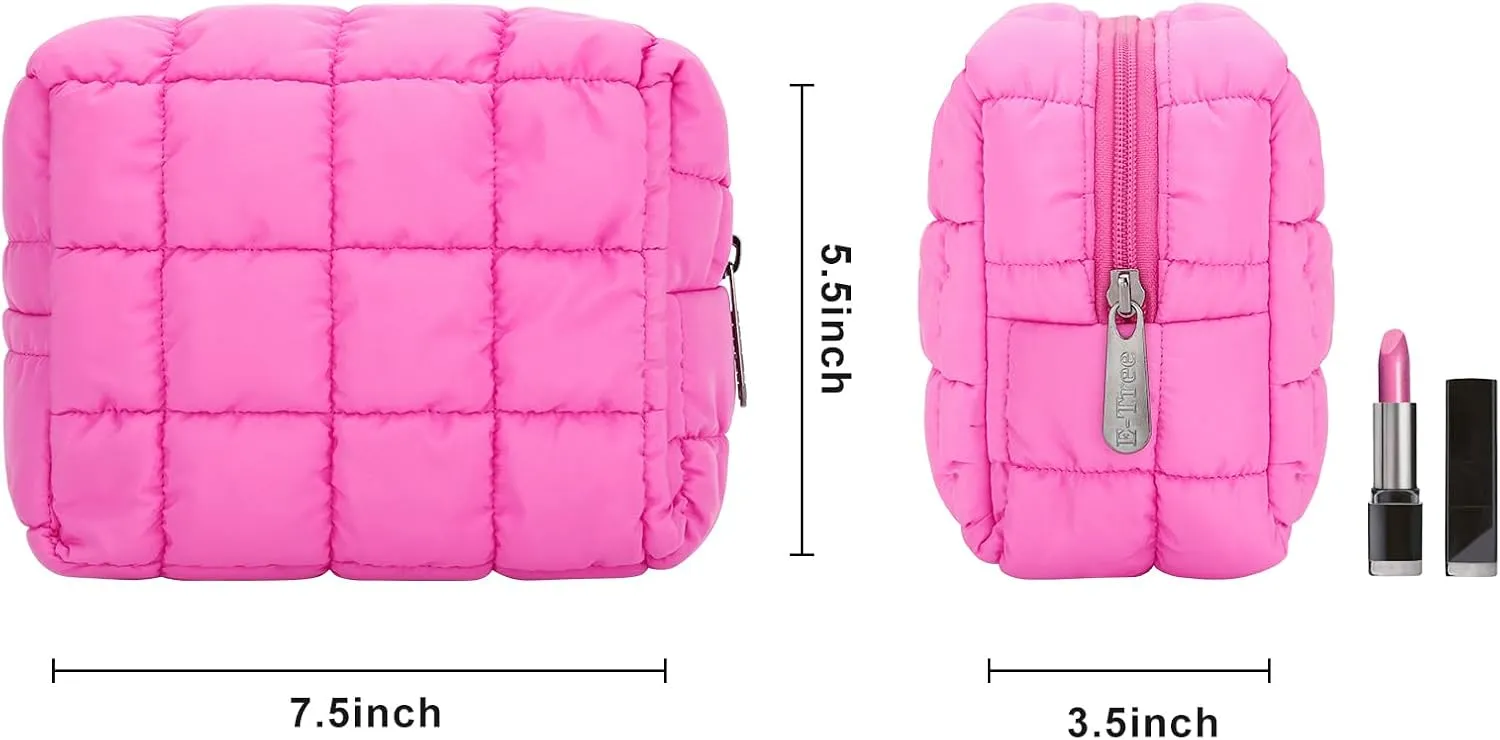 E-Tree Cute Makeup Bag,Quilted Cosmetic Bag,Make up Pouch for Purse,Toiletry Zipper Pouch,Checkered Bag,Travel Case,Storage Pouches for Organization (Hot Pink)