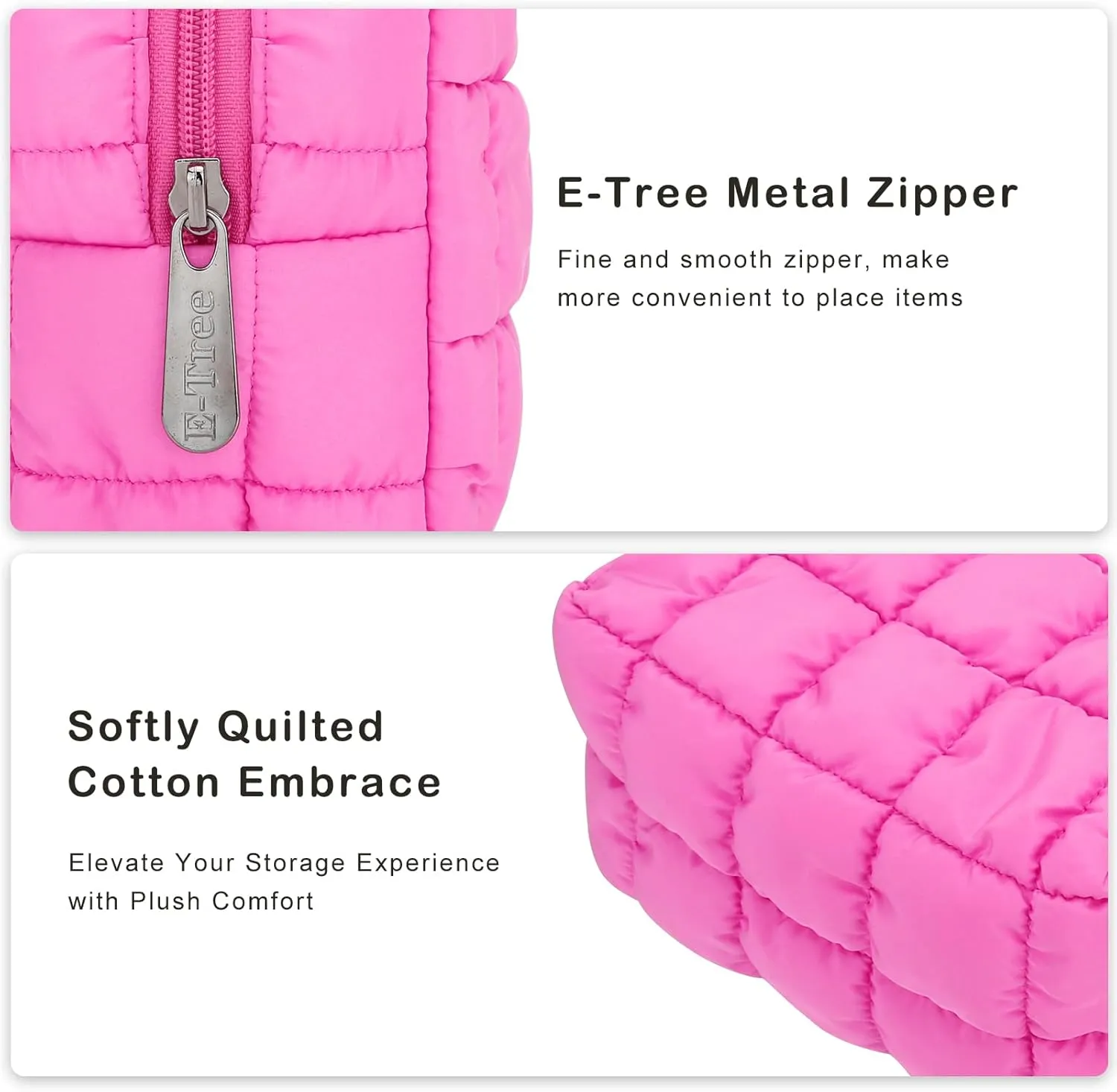 E-Tree Cute Makeup Bag,Quilted Cosmetic Bag,Make up Pouch for Purse,Toiletry Zipper Pouch,Checkered Bag,Travel Case,Storage Pouches for Organization (Hot Pink)