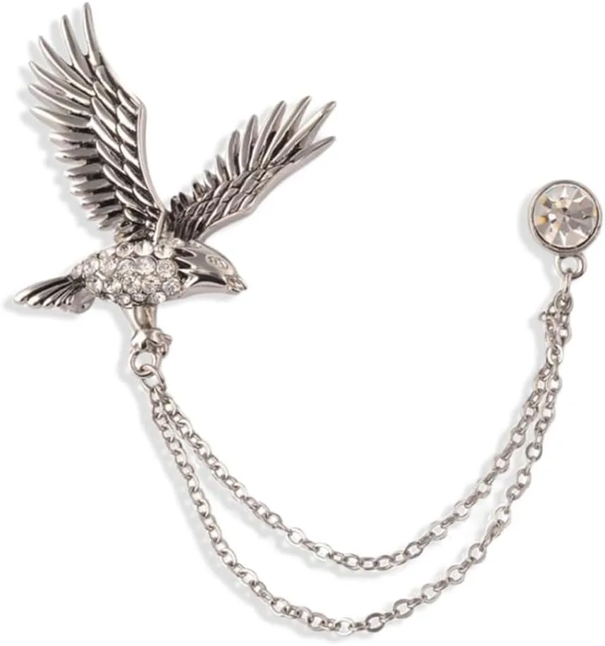 Eagle Brooch Pin for Women Men Vintage Hawk Rhinestone Lapel Pins Hanging Tassel Chains Collar Brooches Suit Jacket Tie Pins Clothes Accessory
