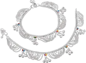 Efulgenz Indian Silver Payal Anklet for Women - Oxidized Jewelry Bollywood Wedding Bridal Crystal Tassel Chain Bell Charms Jhanjara Anklet Bracelet Set