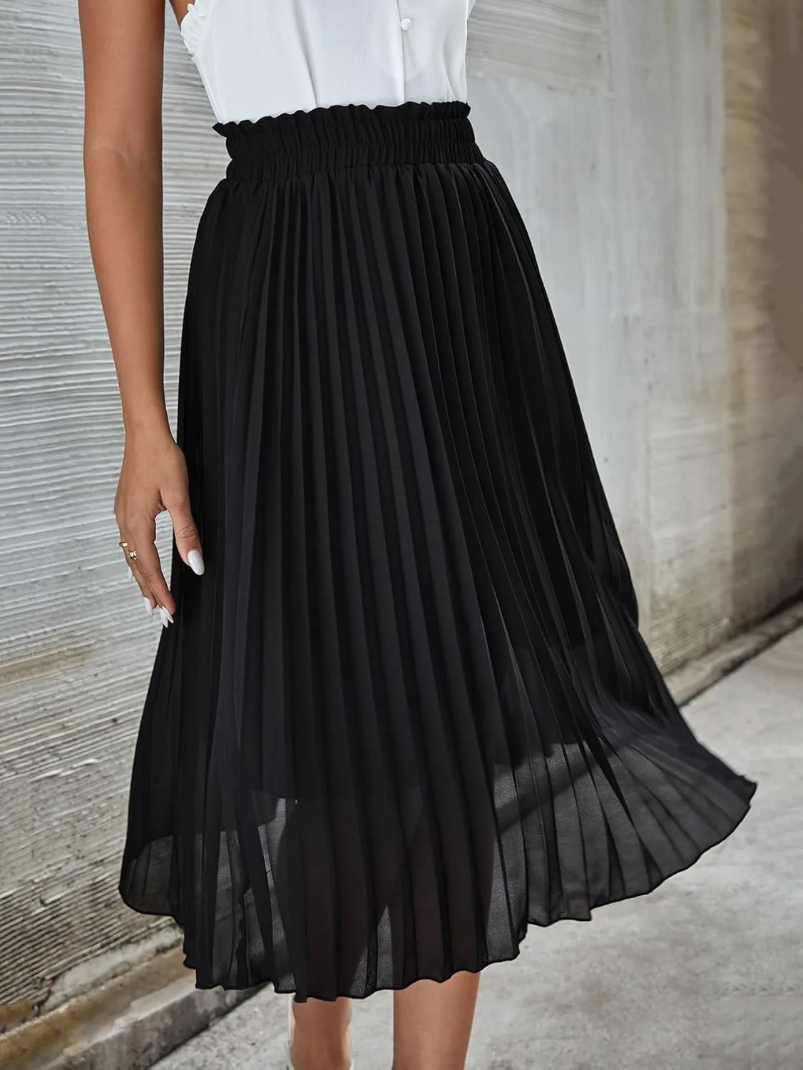 ELDINA Women's Summe Casual Maxi Long Skirt Frenchy Paperbag Waist Solid Pleated Skirt (Color : Black, Size : Medium)