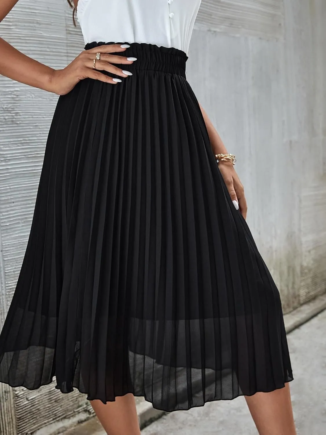 ELDINA Women's Summe Casual Maxi Long Skirt Frenchy Paperbag Waist Solid Pleated Skirt (Color : Black, Size : Medium)