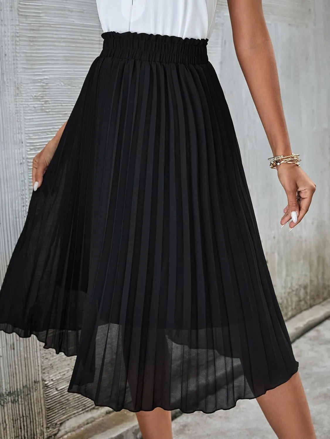 ELDINA Women's Summe Casual Maxi Long Skirt Frenchy Paperbag Waist Solid Pleated Skirt (Color : Black, Size : Medium)
