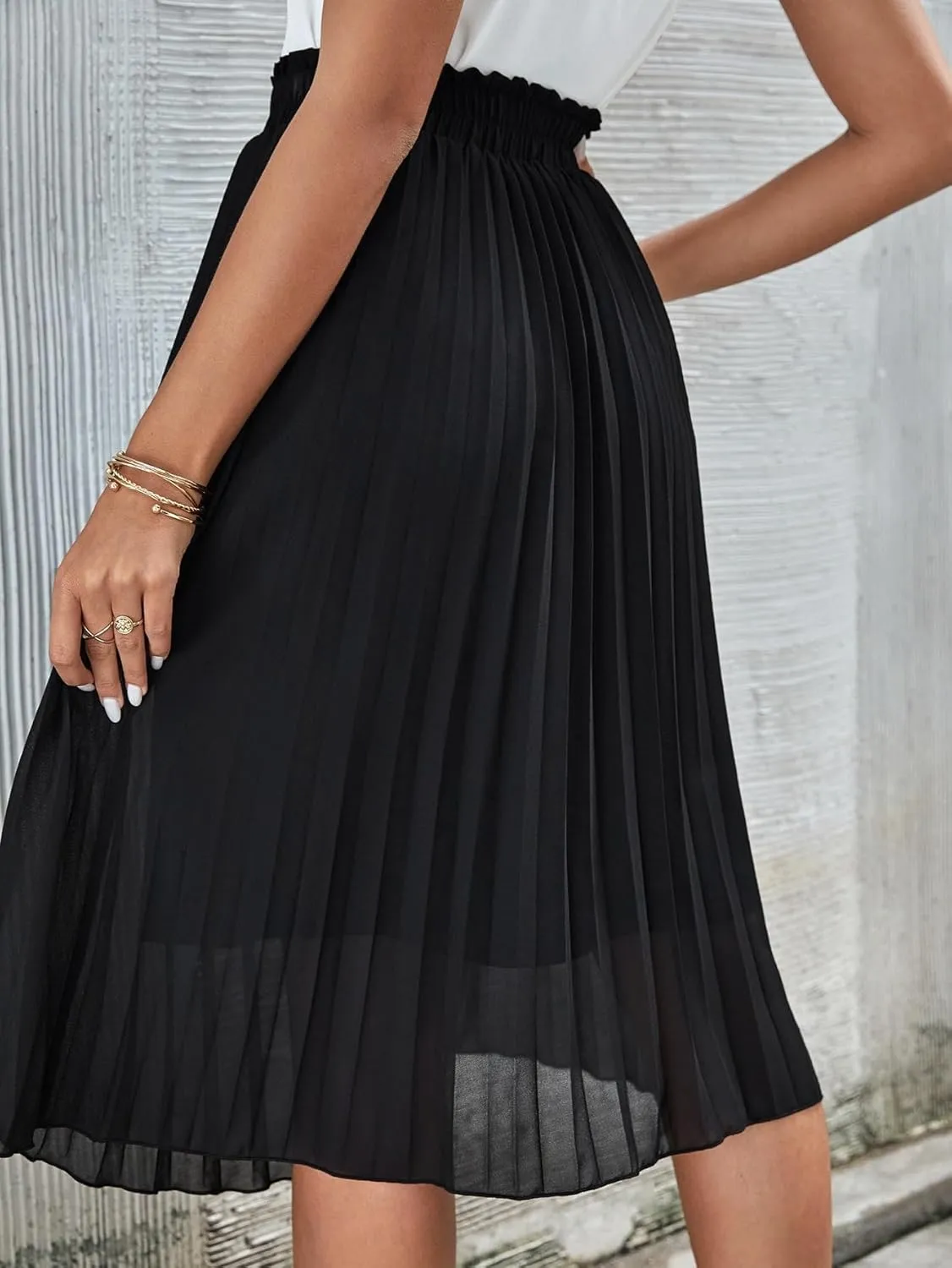 ELDINA Women's Summe Casual Maxi Long Skirt Frenchy Paperbag Waist Solid Pleated Skirt (Color : Black, Size : Medium)