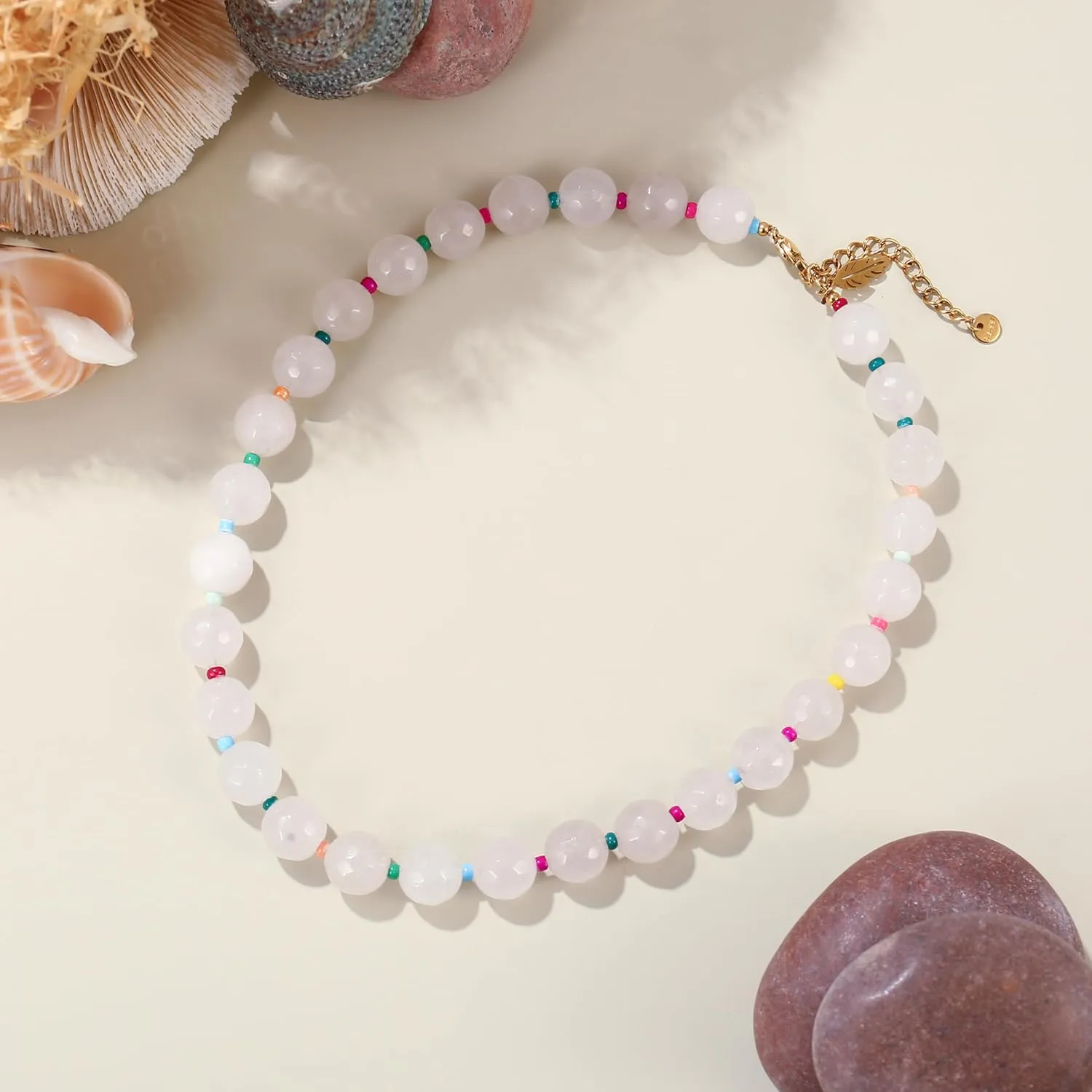 Elegance 11 designs White Beaded Gemstone Necklace for Women, Chunky Beach Waterproof Stainless Steel Boho Choker Natural Stone Necklaces Surfer Summer Handmade Jewelry