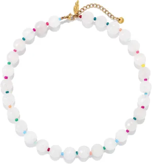 Elegance 11 designs White Beaded Gemstone Necklace for Women, Chunky Beach Waterproof Stainless Steel Boho Choker Natural Stone Necklaces Surfer Summer Handmade Jewelry