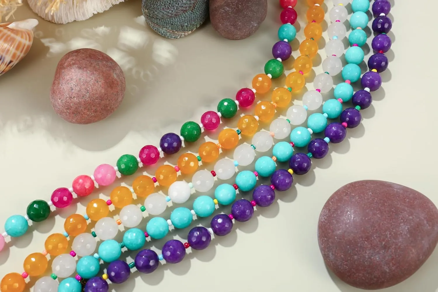 Elegance 11 designs White Beaded Gemstone Necklace for Women, Chunky Beach Waterproof Stainless Steel Boho Choker Natural Stone Necklaces Surfer Summer Handmade Jewelry