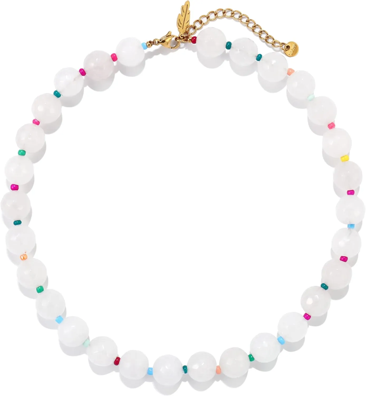 Elegance 11 designs White Beaded Gemstone Necklace for Women, Chunky Beach Waterproof Stainless Steel Boho Choker Natural Stone Necklaces Surfer Summer Handmade Jewelry