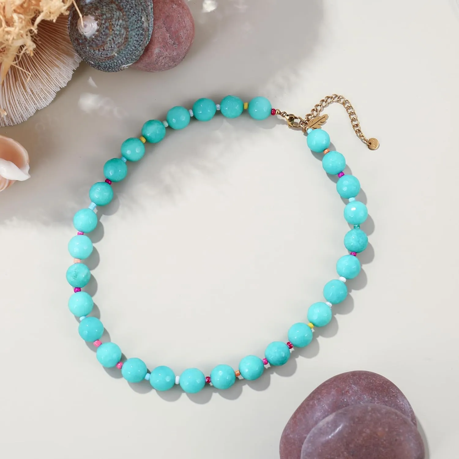 Elegance 11 designs White Beaded Gemstone Necklace for Women, Chunky Beach Waterproof Stainless Steel Boho Choker Natural Stone Necklaces Surfer Summer Handmade Jewelry