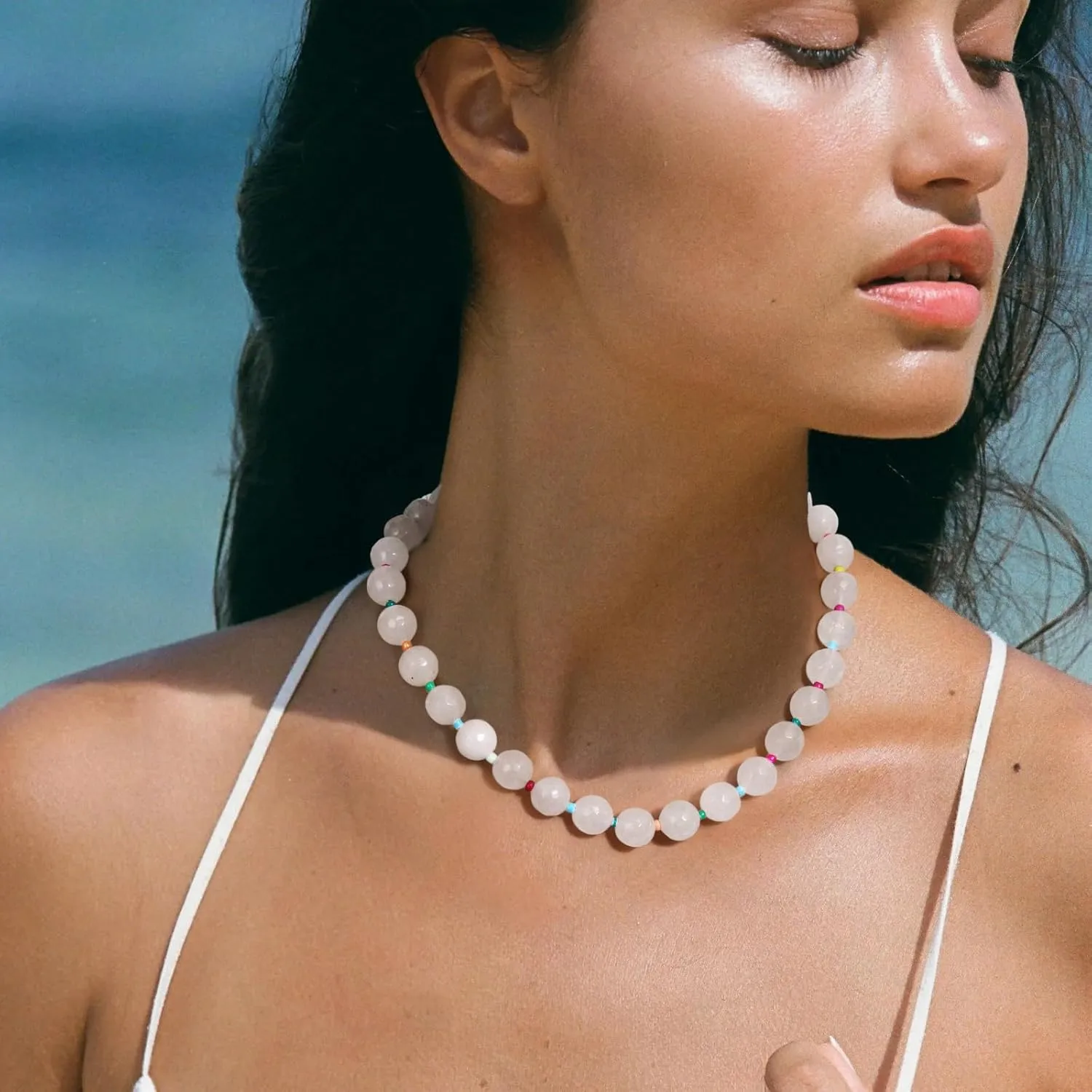 Elegance 11 designs White Beaded Gemstone Necklace for Women, Chunky Beach Waterproof Stainless Steel Boho Choker Natural Stone Necklaces Surfer Summer Handmade Jewelry