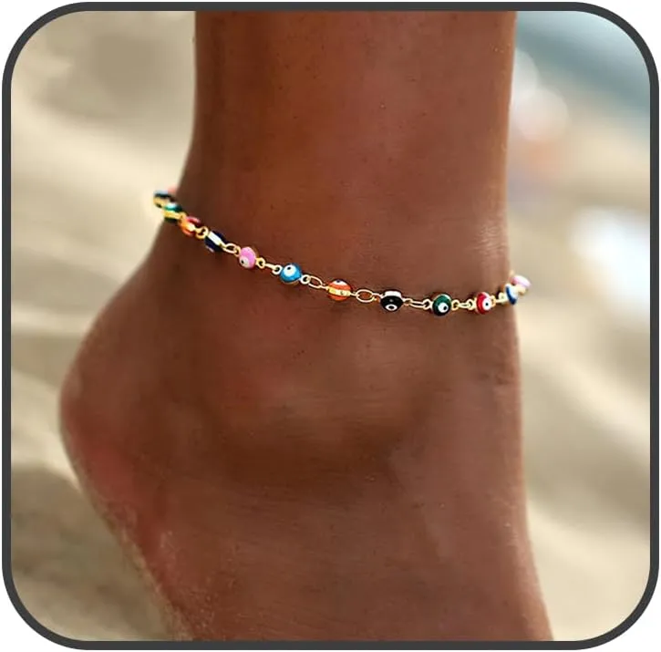 Evil Eye Ankle Bracelet Statement Handmade Anklet Waterproof Beach Anklet for Women Colorful Pendant Anklet