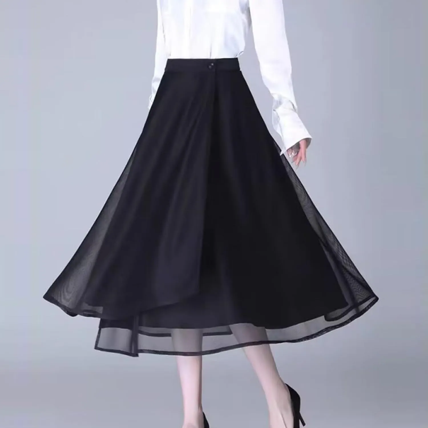 Fall Skirts for Women High Waist Classic A-Line Tulle Skirt Trendy Flowy Layered Midi Skirts Casual Chiffon Skirt