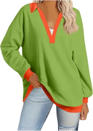 Fall Sweatshirts For Women Casual Long Sleeve Collared v Neck Sweatshirt Shirts Loose Pullover Tops Trendy 2024
