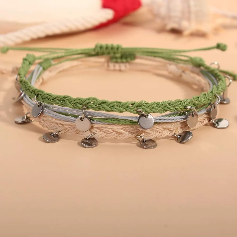 FANCY SHINY String Ankle Bracelets Waterproof Rope Anklets Braided Beach Boho Coin Anklets Cute Friendship Foot Jewelry for Women