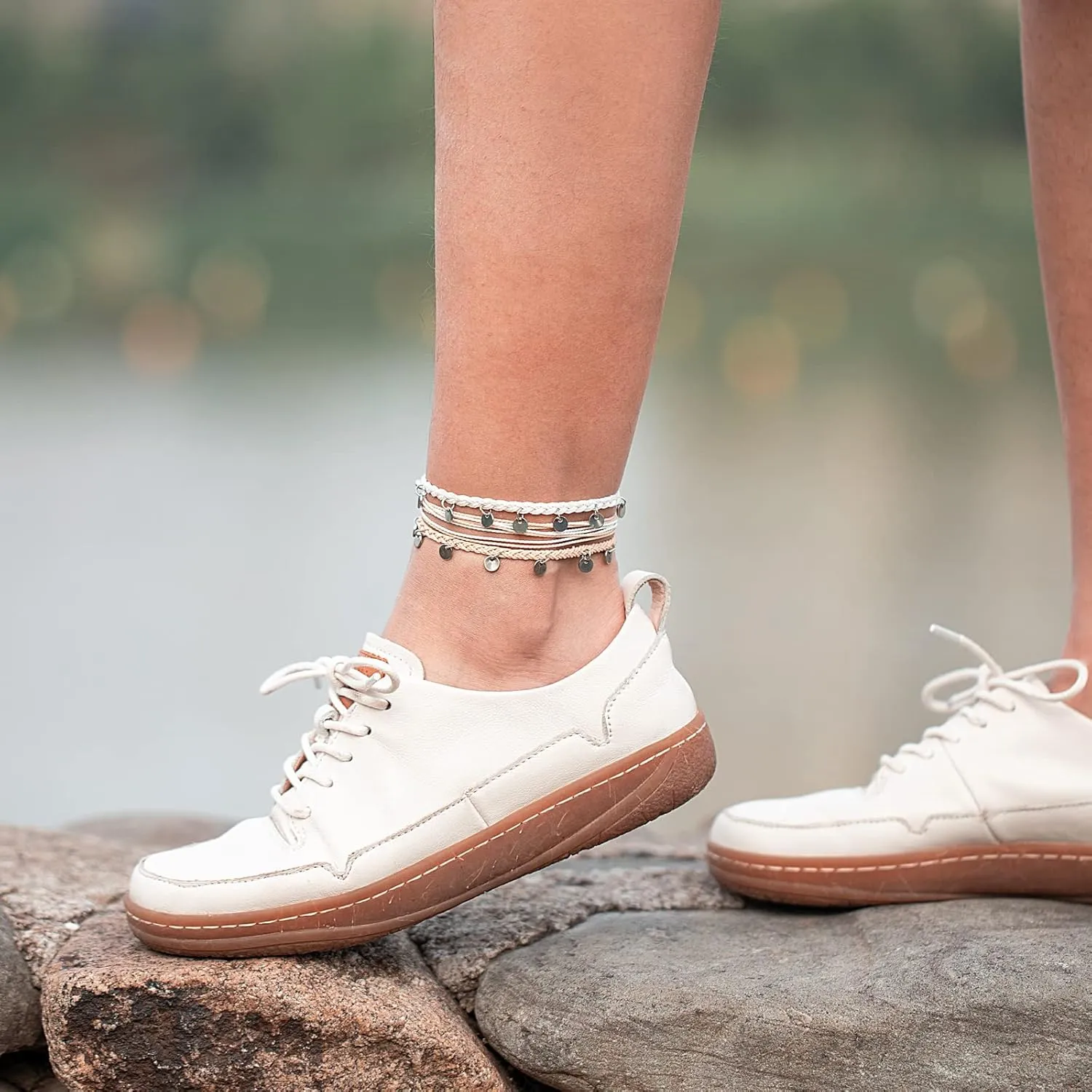 FANCY SHINY String Ankle Bracelets Waterproof Rope Anklets Braided Beach Boho Coin Anklets Cute Friendship Foot Jewelry for Women