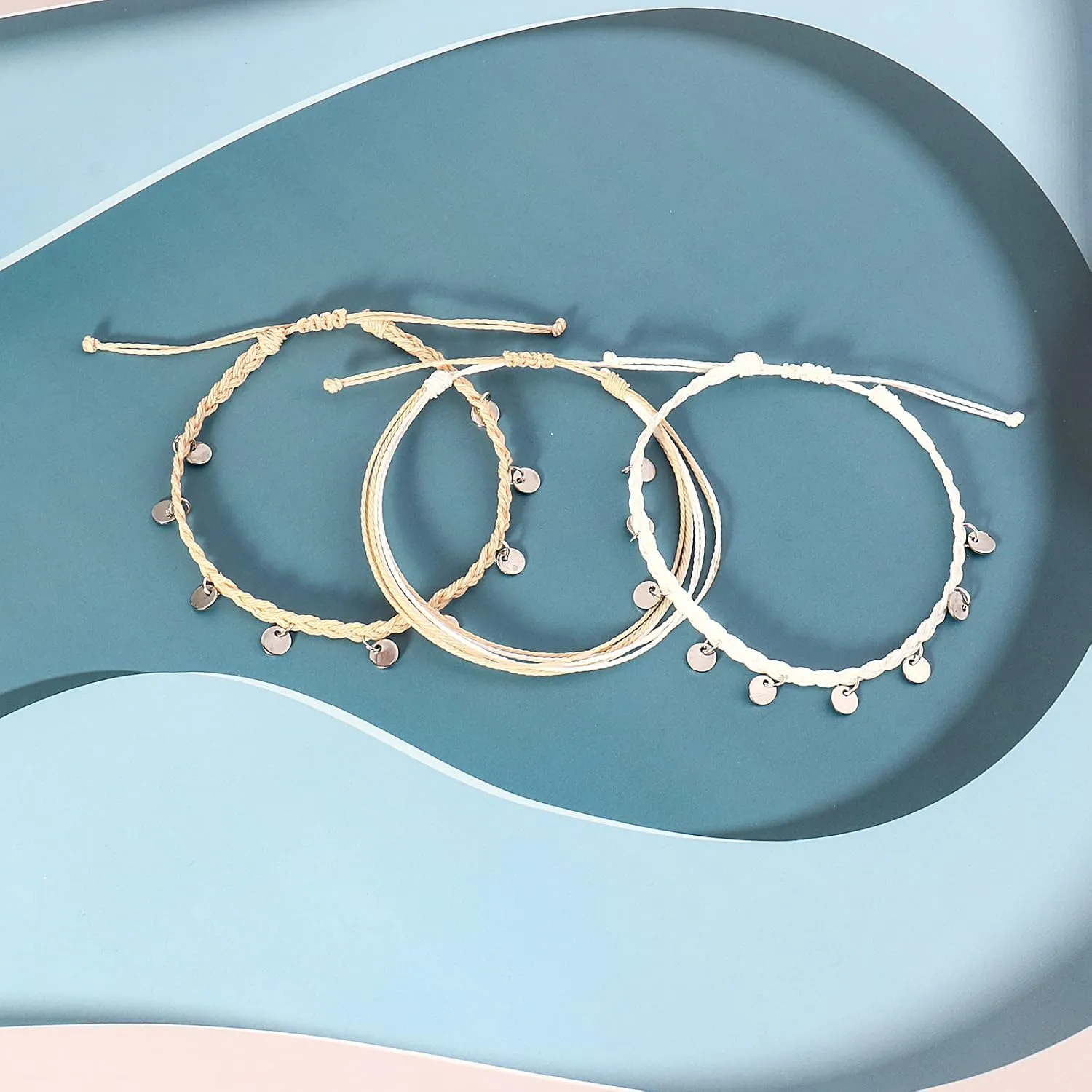 FANCY SHINY String Ankle Bracelets Waterproof Rope Anklets Braided Beach Boho Coin Anklets Cute Friendship Foot Jewelry for Women