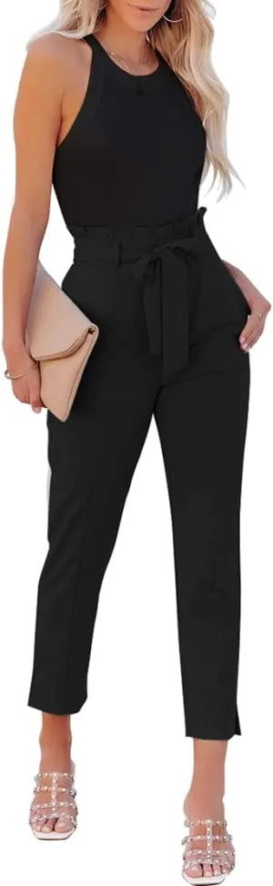 FANCYINN Womens 2 Pieces Crop Pants Set High Neck Tank Tops High Waisted Cropped Pencil Pants with Belt