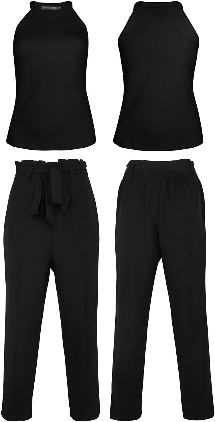 FANCYINN Womens 2 Pieces Crop Pants Set High Neck Tank Tops High Waisted Cropped Pencil Pants with Belt