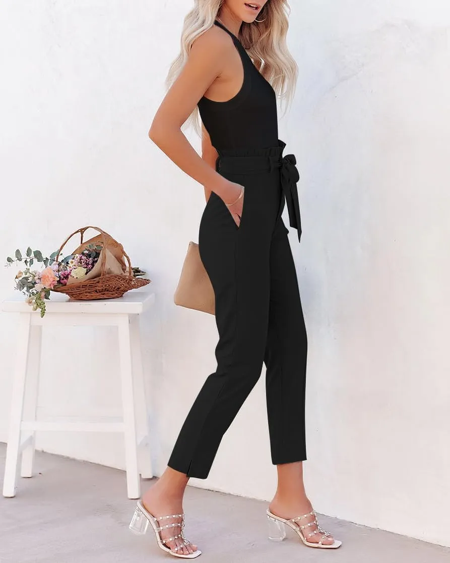 FANCYINN Womens 2 Pieces Crop Pants Set High Neck Tank Tops High Waisted Cropped Pencil Pants with Belt