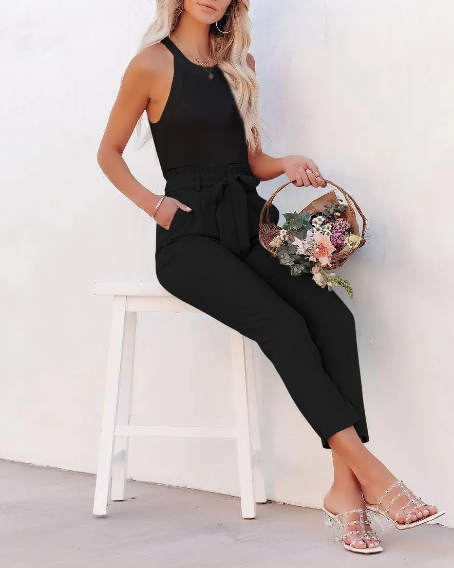 FANCYINN Womens 2 Pieces Crop Pants Set High Neck Tank Tops High Waisted Cropped Pencil Pants with Belt