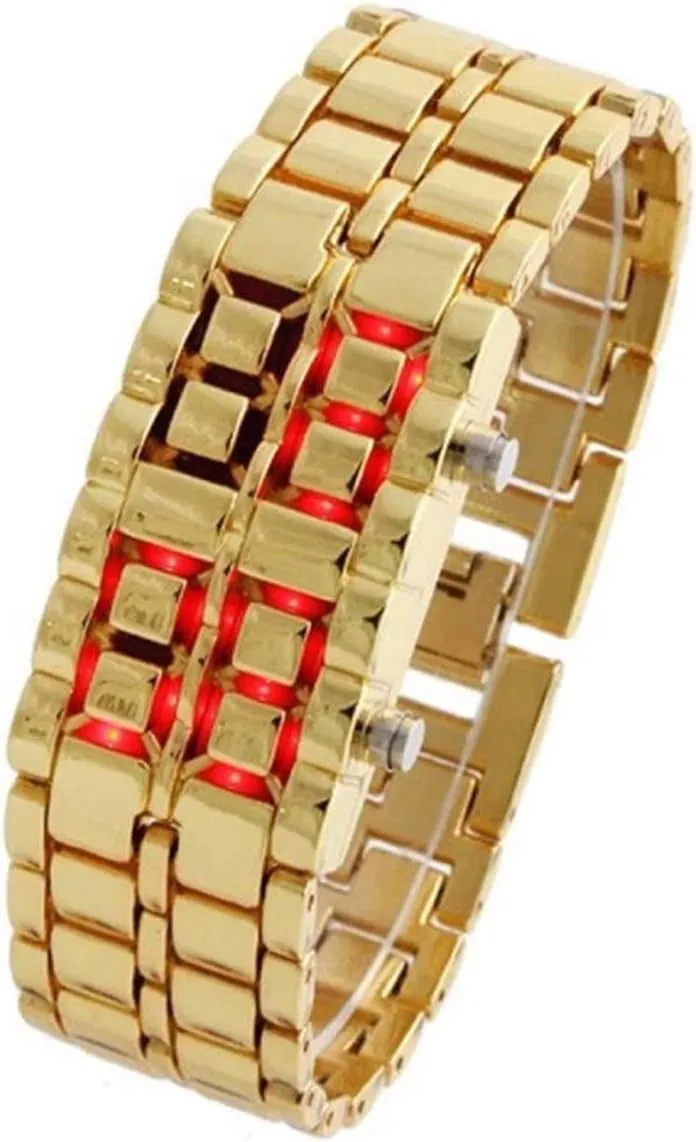FANMIS Fashion Men's Simple Sports Watch Electronic Binary Digital LED Lava Alloy Rectangular Chain Watch (Men Gold Red)